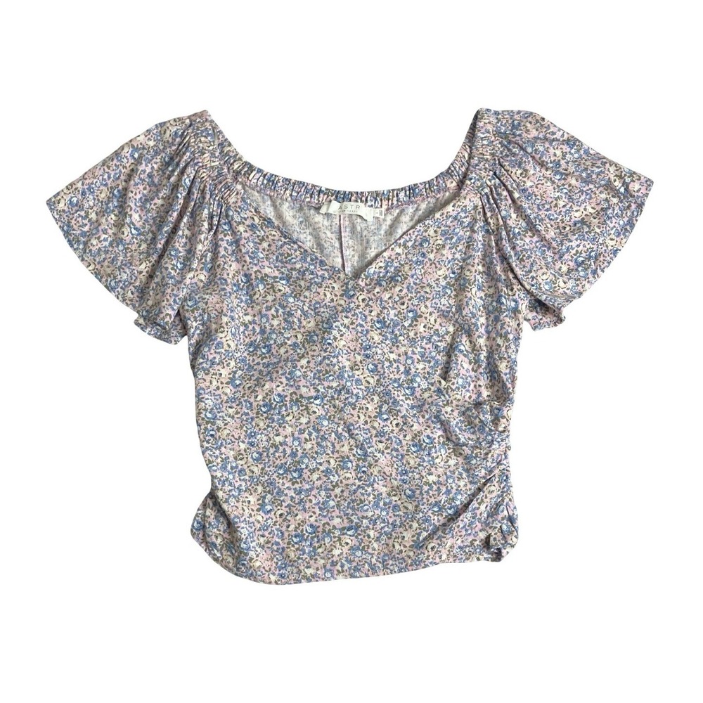 ASTR The Label Top Womens L Pink Blue Ditsy Floral Crop Wrap Coquette Cottage